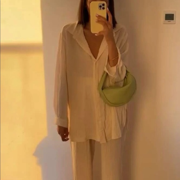 Shirt Pants 2 PC SET wide leg loose button collar spring summer womens cream - Picture 6 of 13